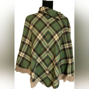 Vintage Green, Orange, And Cream Plaid Reversible Wool Cape